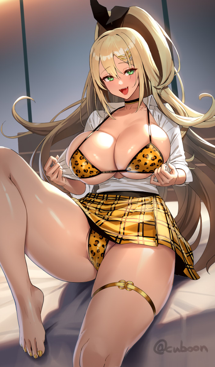 1girl animal_print barefoot bikini bikini_under_clothes blonde_hair blush breasts choker cleavage clothes_around_waist collarbone cuboon goddess_of_victory:_nikke green_eyes hair_intakes hair_ornament hair_ribbon hairclip high_ponytail jacket jacket_around_waist jewelry large_breasts leopard_print long_hair long_sleeves looking_at_viewer necklace open_clothes open_mouth ribbon rupee_(nikke) shirt sitting skirt smile solo swimsuit white_shirt yellow_bikini yellow_jacket yellow_skirt