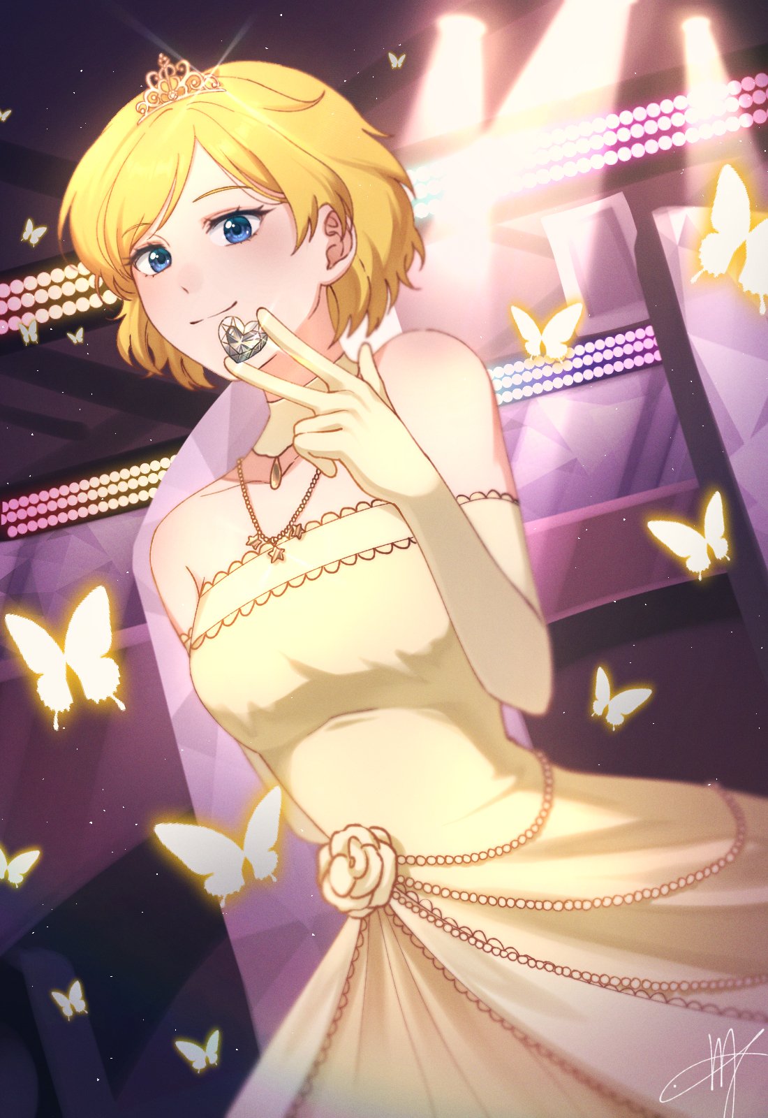 1girl bare_shoulders blonde_hair blue_eyes breasts bug butterfly closed_mouth commentary_request diadem dress elbow_gloves flower gloves hand_up highres holding indoors jewelry looking_at_viewer medium_breasts meng_(prism_shining) necklace pretty_rhythm pretty_rhythm_aurora_dream pretty_series rose short_hair signature smile solo stage stage_lights strapless strapless_dress takamine_mion yellow_dress yellow_flower yellow_gloves yellow_rose