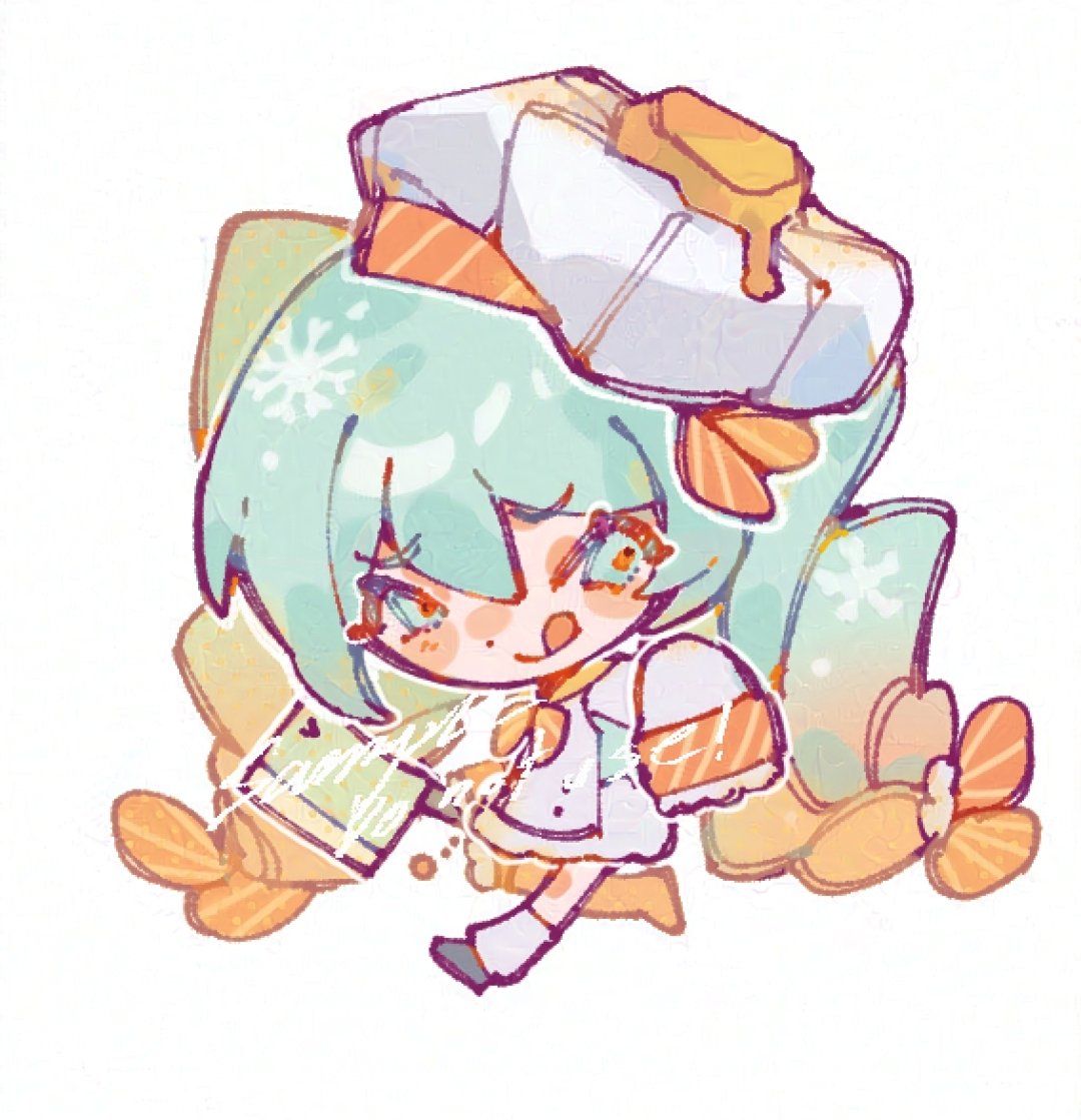 1girl :q apron aqua_eyes aqua_hair beret black_footwear blush_stickers buttons character_request chibi closed_mouth commentary crumbs dress english_commentary eyelashes food food-themed_clothes food-themed_hair_ornament frilled_dress frilled_sleeves frills full_body furrowed_brow hair_ornament hat hatsune_miku holding_cleaver long_hair long_sleeves looking_at_viewer myun_(myun_art) orange_pupils orange_wristband sample_watermark shoes short_dress shrimpku simple_background sleeves_past_fingers sleeves_past_wrists smile snowflake_hair_ornament solo striped_wristband tempura tongue tongue_out twintails very_long_hair vocaloid watermark white_apron white_background white_dress white_hat white_leg_warmers white_sleeves yuki_miku yuki_miku_(2024)_(applicant)