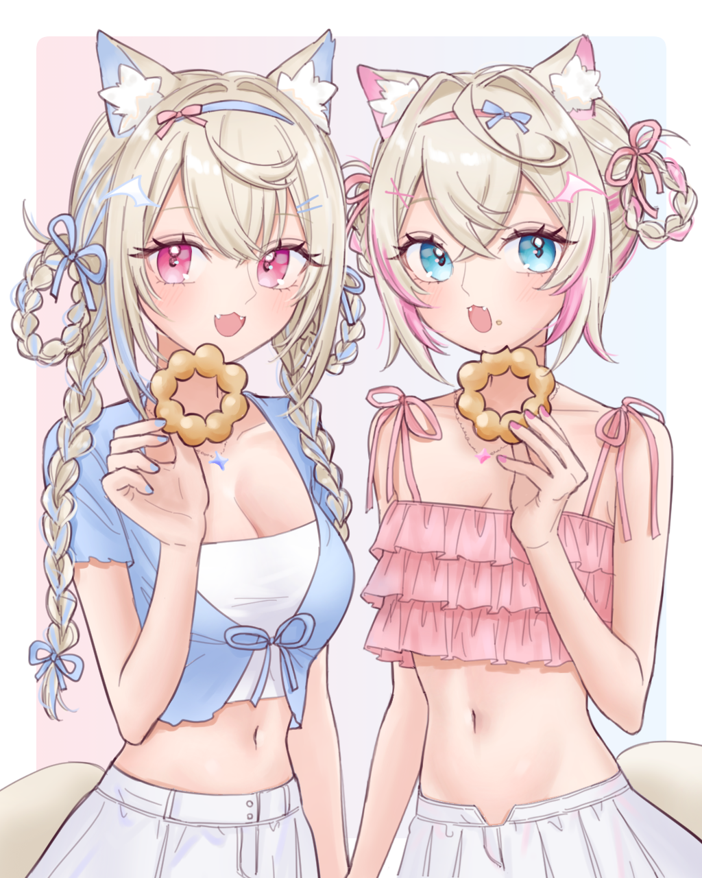 2girls alternate_costume animal_ear_fluff animal_ears blonde_hair blue_eyes blue_hair blue_shirt blush breasts cleavage dog_ears dog_girl dog_tail doughnut fangs food frilled_shirt frills fuwawa_abyssgard highres holding_doughnut hololive hololive_english large_breasts long_hair looking_at_viewer medium_hair mococo_abyssgard multicolored_hair multiple_girls navel open_mouth pink_eyes pink_hair pink_shirt pon_de_ring sein_025 shirt shorts siblings sisters smile streaked_hair tail twins virtual_youtuber white_background white_shorts