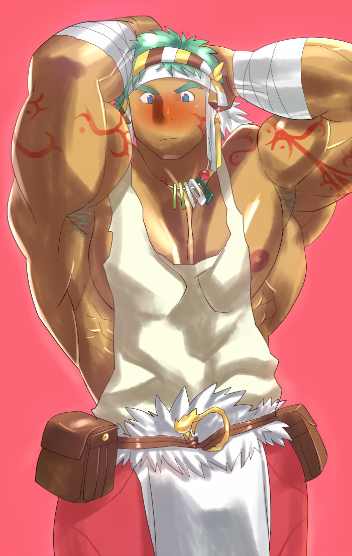 1boy alternate_muscle_size armpit_hair armpits arms_up bandaged_arm bandages bara blue_eyes blush bodypaint bulge carlos_(rune_factory) dark-skinned_male dark_skin feathers green_hair headband jewelry large_pectorals muscular muscular_male necklace nipple_slip nipples pectoral_cleavage pectorals pelvic_curtain pink_background rune_factory sanpaku shy sidepec solo tank_top tanku_(sushi) tareme thick_eyebrows tooth_necklace tribal