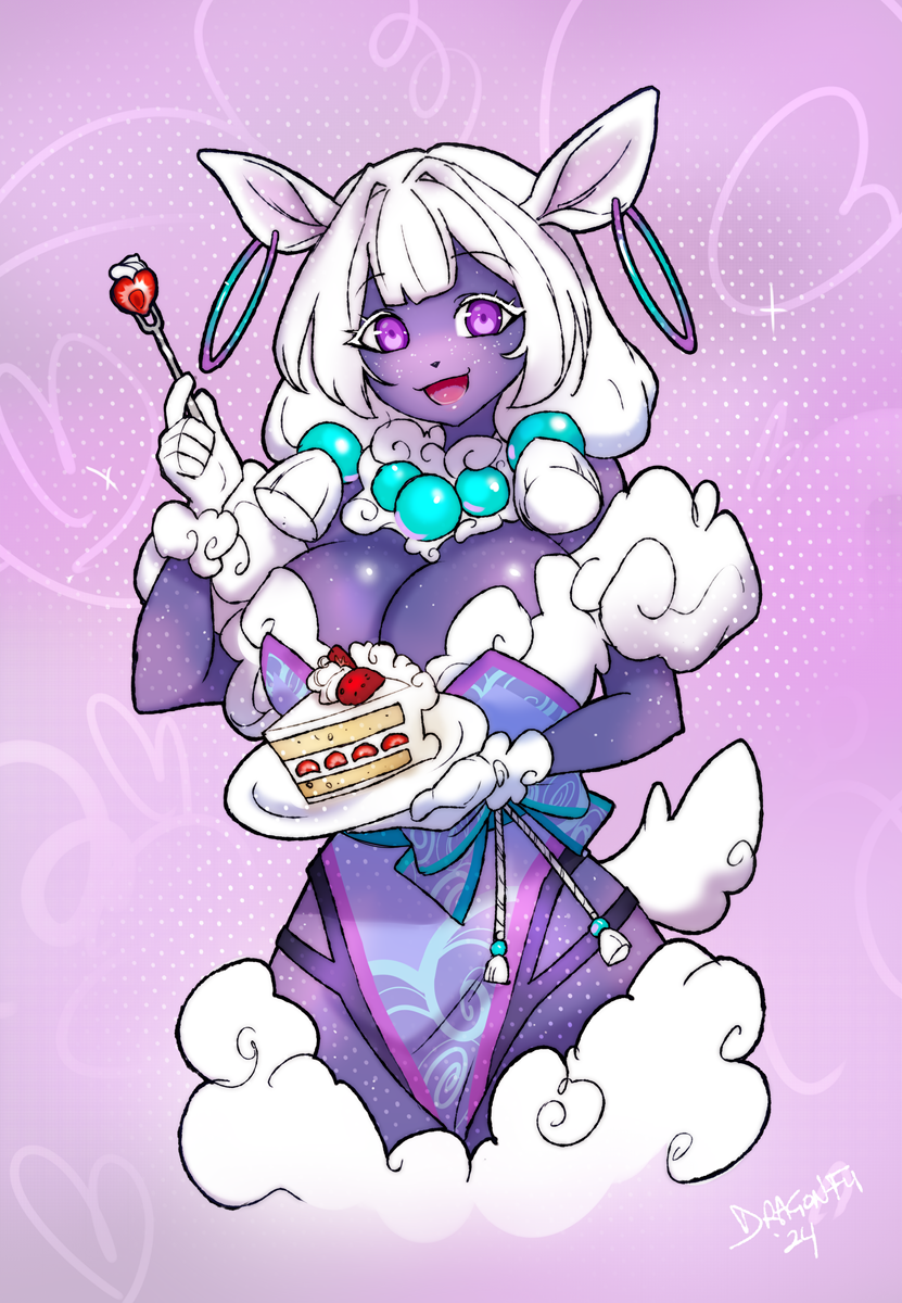 5_fingers anthro big_breasts biped bovid breasts cake caprine clothed clothing dessert dragonfu ear_piercing ear_ring eyebrow_through_hair eyebrows female fingers food hair hi_res mammal open_mouth open_smile piercing purple_eyes ring_piercing sheep smile solo tail translucent translucent_hair white_hair