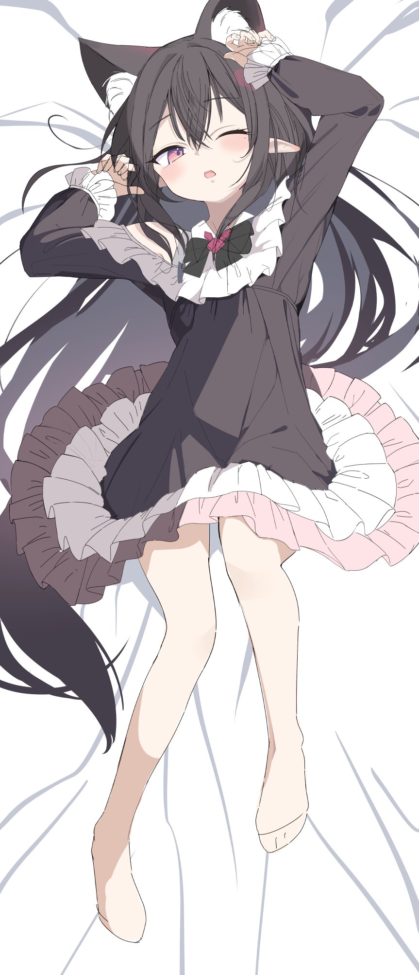 animal_ear_fluff animal_ears april_fools black_hair dakimakura_(medium) elf extra_ears fish fish_hair_ornament fox_ears fox_girl frilled_sleeves frills hair_ornament highres kazari_(odeclea) long_hair odeclea one_eye_closed open_mouth original pointy_ears purple_eyes sunfish tail very_long_hair