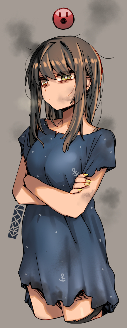 1girl anchor_symbol blue_dress bra_strap closed_mouth commentary_request cowboy_shot cropped_legs crossed_arms dress ergot fubuki_(kancolle) fubuki_kai_ni_(kancolle) green_eyes green_nails grey_background hair_down kantai_collection long_hair looking_at_viewer nail_polish official_alternate_costume official_alternate_hairstyle pout short_sleeves sidelocks signature simple_background smoke solo standing torn_clothes