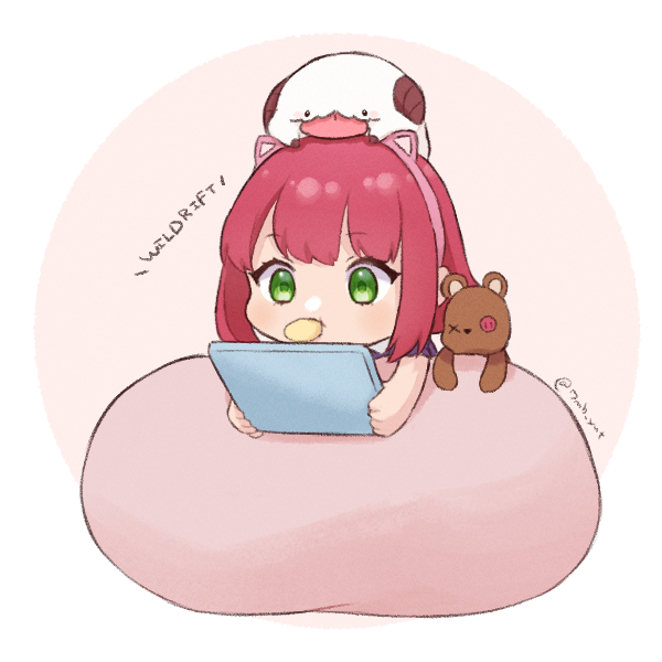 1girl 7mb_yut :p animal_ears annie_(league_of_legends) brown_background cat_ears fake_animal_ears food food_in_mouth green_eyes grey_background hairband holding horns league_of_legends medium_hair mouth_hold pillow pink_hairband poro_(league_of_legends) red_hair short_sleeves stuffed_animal stuffed_toy teddy_bear tibbers tongue tongue_out