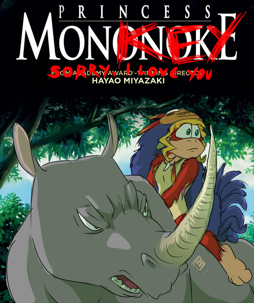 anthro barbary_macaque dixie_kong donkey_kong_(series) duo female feral ghibli haplorhine male male/female mammal monkey nintendo parody primate princess_mononoke rambi_the_rhinoceros rare_ltd rareware rhinocerotoid shesamonkey super_nintendo traced video_games