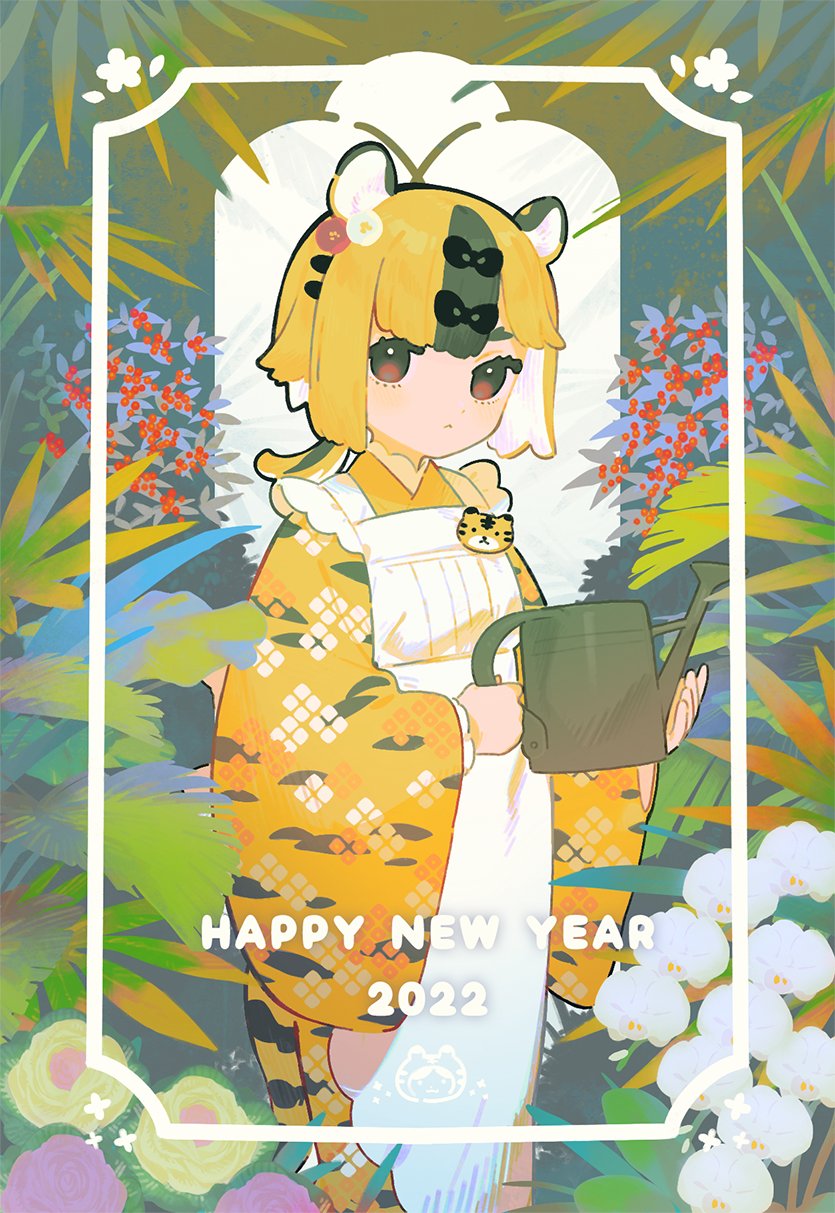 1girl 2022 animal_ears animal_print apron black_bow black_hair bow brown_eyes chinese_zodiac expressionless flower frilled_apron frills hair_bow happy_new_year highres japanese_clothes kimono leaf long_sleeves looking_at_viewer miitarou multicolored_hair new_year no_nose orange_hair original plant print_kimono purple_flower solo tiger_ears tiger_girl tiger_print two-tone_hair watering_can white_apron white_flower wide_sleeves year_of_the_tiger yellow_flower