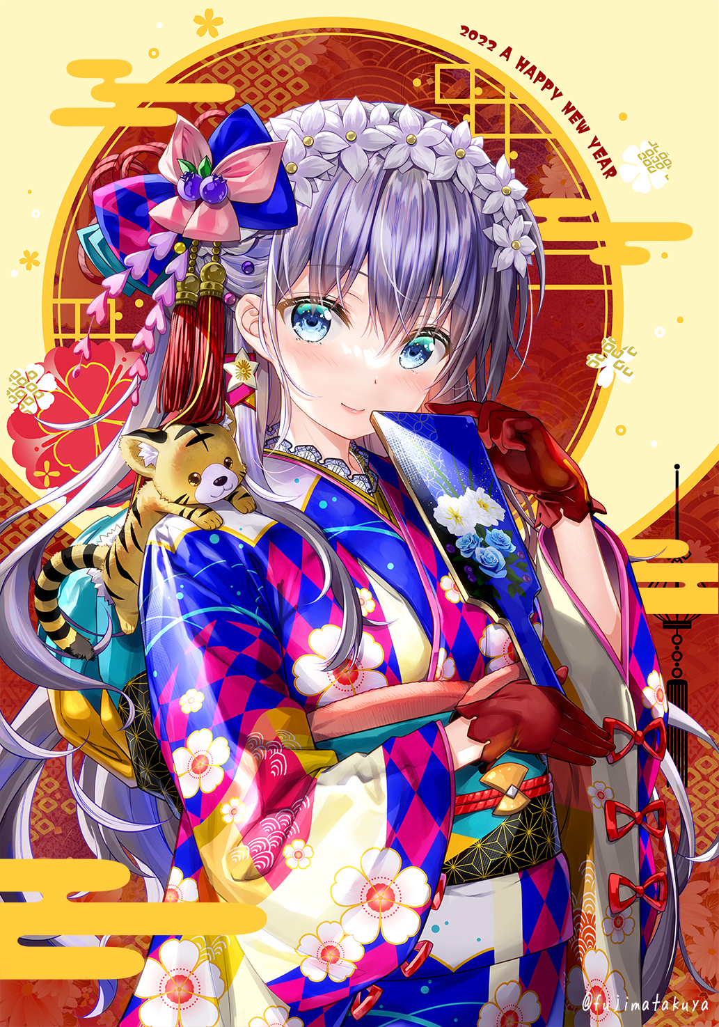 1girl 2022 animal animal_on_shoulder bangs blue_eyes blue_kimono blush chinese_zodiac closed_mouth commentary_request egasumi eyebrows_visible_through_hair floral_print fujima_takuya gloves grey_hair hagoita hair_between_eyes happy_new_year highres holding japanese_clothes kimono long_hair long_sleeves new_year obi original paddle print_kimono red_gloves sash smile solo tiger twitter_username upper_body very_long_hair wide_sleeves year_of_the_tiger