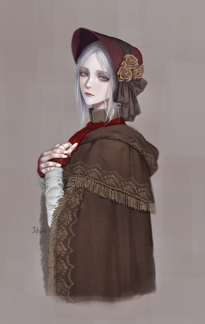 1girl artist_name ascot bangs bloodborne bonnet brown_background cloak closed_mouth cropped_torso doll_joints flower from_side hands_up hat jdori joints looking_at_viewer looking_to_the_side own_hands_together parted_bangs plain_doll rose short_hair solo