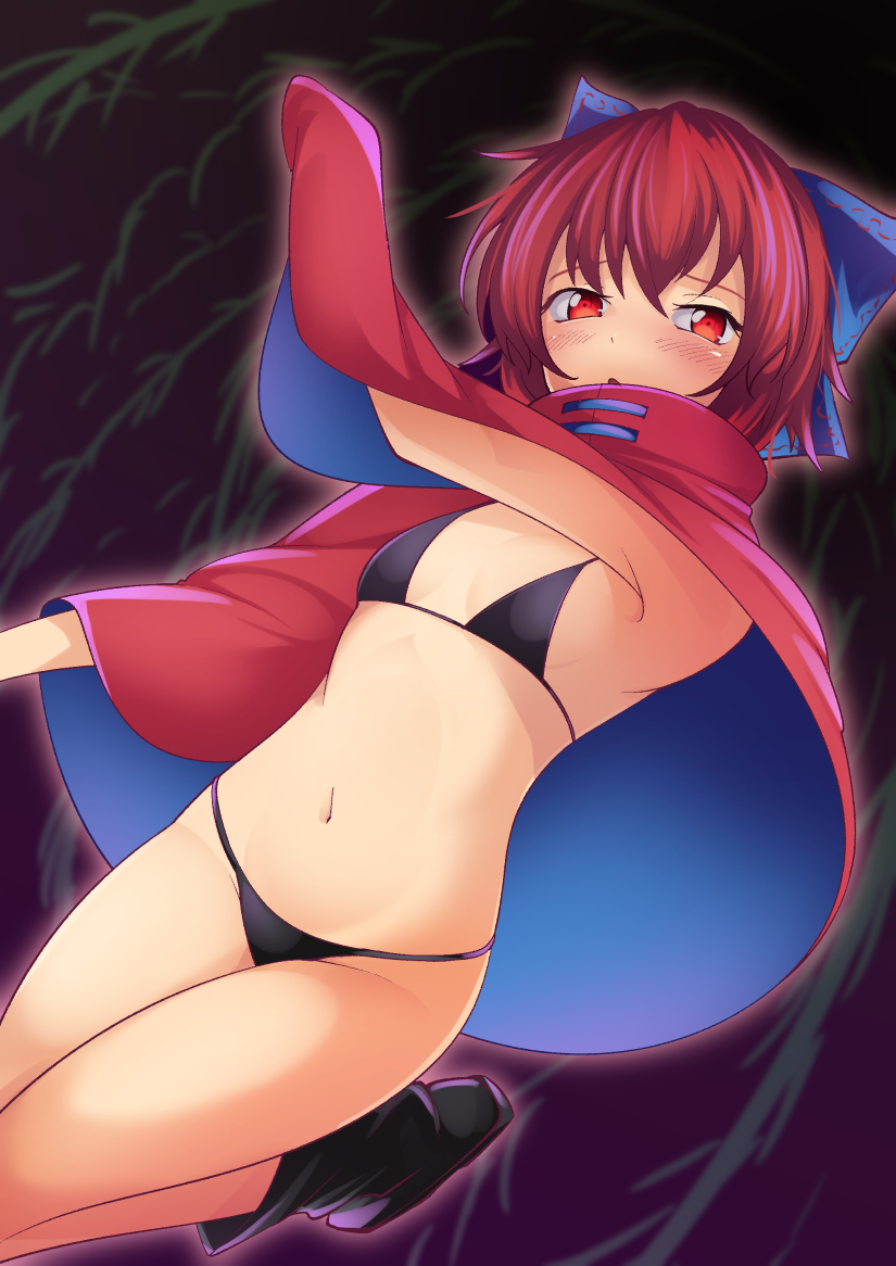 1girl :o arm_up armpit_crease ashiroku_(miracle_hinacle) bangs bikini black_bikini black_footwear blue_bow blush boots bow breasts cape commentary_request dullahan exhibitionism eyelashes folded_leg foot_out_of_frame hair_bow navel open_mouth public_indecency public_nudity red_cape red_eyes red_hair sekibanki short_hair small_breasts solo standing stomach swimsuit thighs touhou two-sided_cape two-sided_fabric