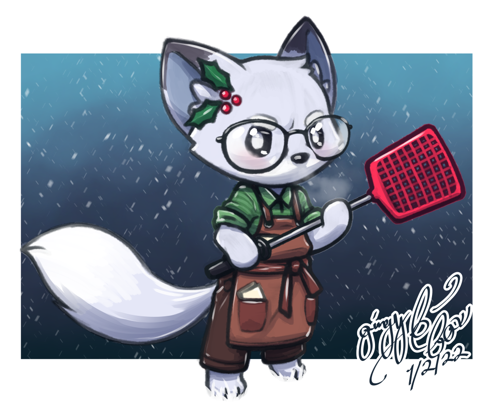 anthro apron barista canid canine clothed clothing eyewear fly_swatter fox fur gingy_(gingy_k_fox) gingy_k_fox glasses grey_body grey_fur looking_at_viewer mammal mistletoe plant shirt solo super_animal_royale topwear uniform