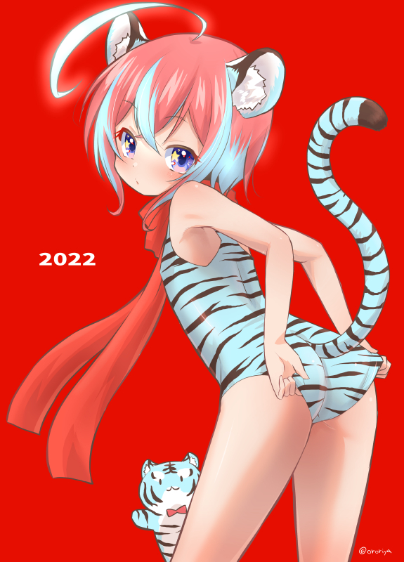 1girl 2022 adjusting_clothes adjusting_swimsuit ahoge animal animal_ear_fluff animal_ears animal_print ass bare_arms bare_shoulders blue_eyes blue_hair blue_swimsuit chinese_zodiac commentary_request leaning_forward multicolored_hair muu_rian one-piece_swimsuit original red_background red_hair red_scarf scarf simple_background solo star_(symbol) star_in_eye streaked_hair swimsuit symbol_in_eye tail tail_raised tiger tiger_ears tiger_girl tiger_print tiger_tail twitter_username year_of_the_tiger