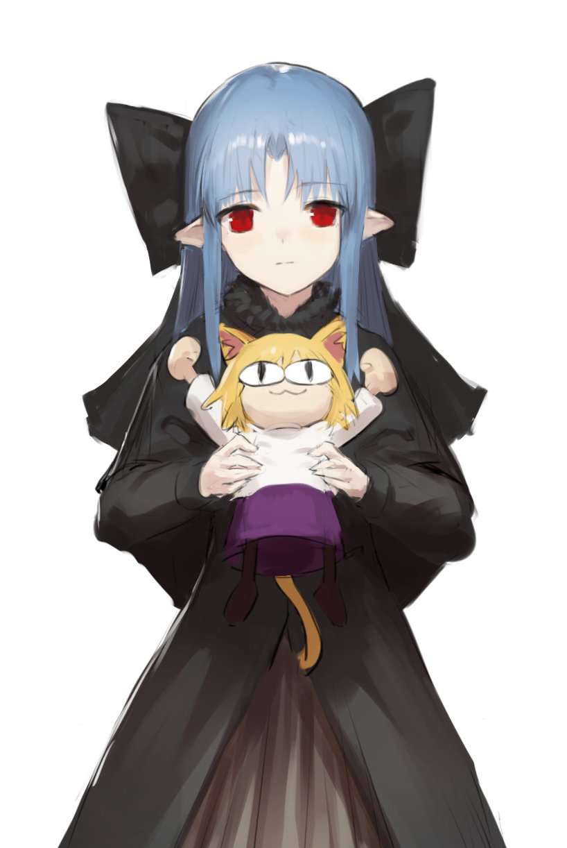 2girls :3 animal_ear_fluff animal_ears arms_up black_bow black_capelet black_dress black_eyes blue_hair bow cape capelet closed_mouth dress eyebrows_visible_through_hair fur-trimmed_cape fur_trim hara_shoutarou highres holding holding_person large_bow light_blue_hair long_hair medium_hair melty_blood multiple_girls neco-arc purple_skirt red_eyes simple_background sketch skirt smile standing tsukihime white_background