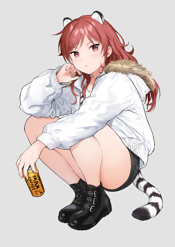 1girl animal_ears bare_legs black_footwear black_shorts boots can canned_coffee chigusa_asuha fur_trim grey_background holding hood hood_down hooded_jacket jacket long_hair long_sleeves looking_at_viewer qualidea_code red_eyes red_hair sekiya_asami short_shorts shorts simple_background solo squatting tail thighs tiger_ears tiger_tail white_jacket