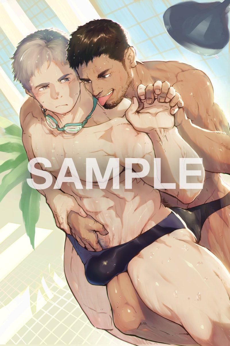 2boys abs bara black_male_swimwear blush bulge dark-skinned_male dark_skin facial_hair feet_out_of_frame goatee goggles goggles_around_neck hand_under_clothes highres holding_another's_wrist holding_hands interlocked_fingers interracial large_pectorals leg_between_thighs male_focus male_swimwear mature_male multiple_boys muscular muscular_male navel navel_hair nipples original pectorals reach-around sample short_hair sideburns silver_hair skindentation stomach swim_briefs thick_thighs thighs tokonatu tongue tongue_out topless_male wet yaoi