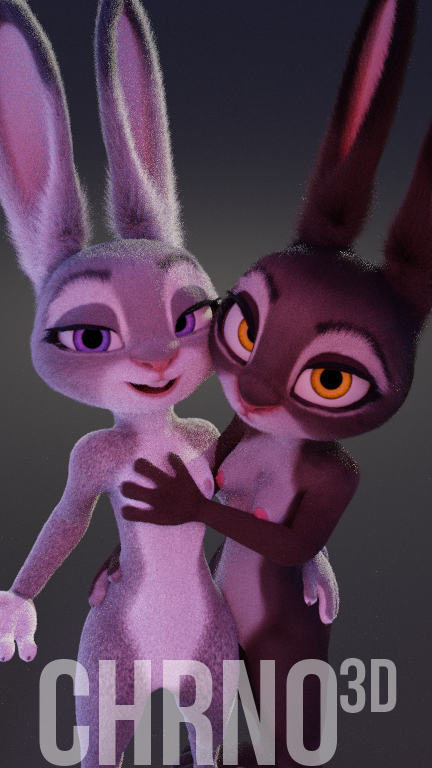 2021 3d_(artwork) anthro breasts chrno digital_media_(artwork) disney duo featureless_crotch female female/female front_view fur grey_body grey_fur hand_on_breast judy_hopps lagomorph leporid looking_at_viewer mammal nipples nude open_mouth open_smile purple_eyes rabbit small_breasts smile yellow_eyes zootopia