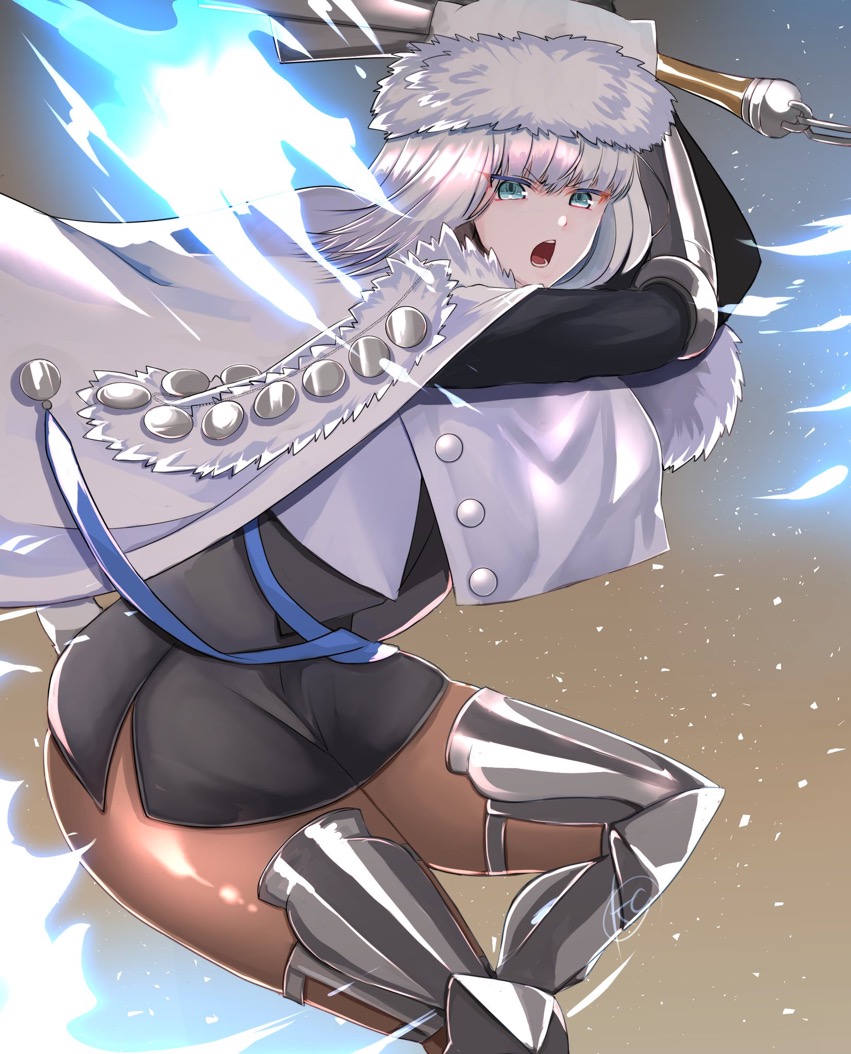 1girl animal_ears armored_boots bangs blue_bow blue_eyes blue_ribbon blush boots bow breasts brown_legwear buttons cape capelet cat_ears cat_girl cat_tail club_(weapon) crop_top crop_top_overhang dobrynya_nikitich_(fate) dress fate/grand_order fate_(series) fur-trimmed_capelet fur-trimmed_headwear fur_trim gauntlets grey_dress hair_bow hat kankitsu_kei knee_boots large_breasts long_hair long_sleeves looking_at_viewer low_ponytail open_mouth pantyhose ribbon short_dress solo tail thighs weapon white_cape white_capelet white_hair white_headwear