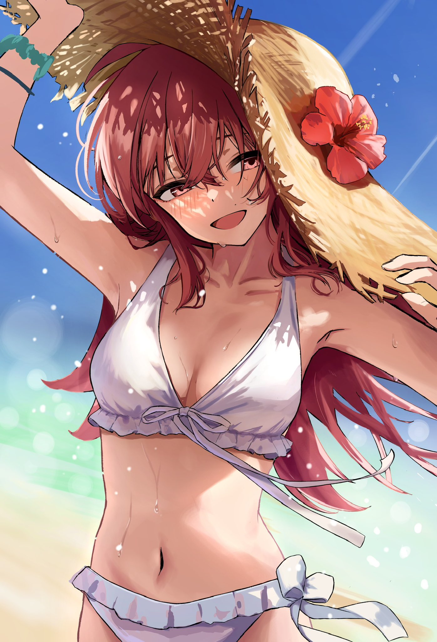 1girl arm_up armpits bikini blush breasts collarbone commentary_request frilled_bikini frills hat highres idolmaster idolmaster_shiny_colors komiya_kaho long_hair medium_breasts navel outdoors red_eyes red_hair samisuke_(pkah8535) smile solo straw_hat swimsuit very_long_hair white_bikini