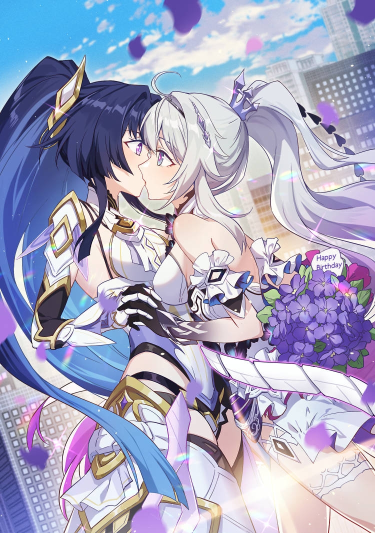 2girls ahoge bare_shoulders blue_eyes blue_hair blue_sky blurry blurry_background breasts building chinese_commentary cloud cloudy_sky couple detached_sleeves dress falling_petals flower frilled_sleeves frills from_side glint gradient_hair gradient_skin hair_ornament hands_up happy_birthday heads_together high_ponytail holding holding_flower holding_hands honkai_(series) honkai_impact_3rd imminent_kiss kiana_kaslana kiana_kaslana_(herrscher_of_finality) kiss large_breasts leaning_back leaning_forward leaning_on_person light_particles long_hair long_sleeves looking_at_another motion_blur motion_lines multicolored_eyes multicolored_hair multiple_girls outdoors petals ponytail purple_eyes purple_flower raiden_mei raiden_mei_(herrscher_of_origin) rainbow short_sleeves sky skyscraper standing thighs white_hair xinjinjumin9038656 yuri