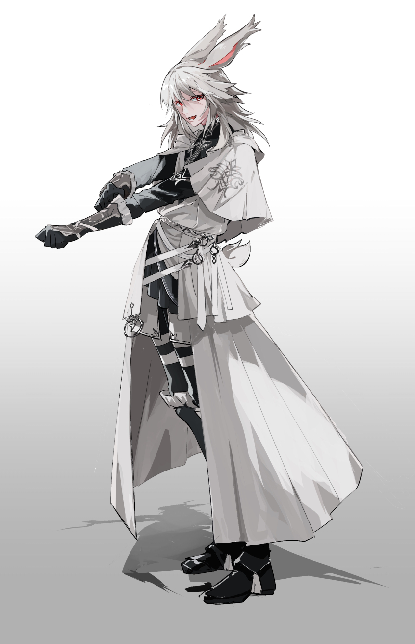 1boy androgynous animal_ears avatar_(ff14) black_footwear black_gloves black_legwear boots capelet coat final_fantasy final_fantasy_xiv full_body gloves gradient gradient_background grey_background grey_capelet grey_hair highres ichi_(two_too_22) knee_boots long_hair looking_at_viewer male_focus open_mouth rabbit_ears red_eyes shadow skirt smile solo symbol-only_commentary viera white_background white_coat white_skirt