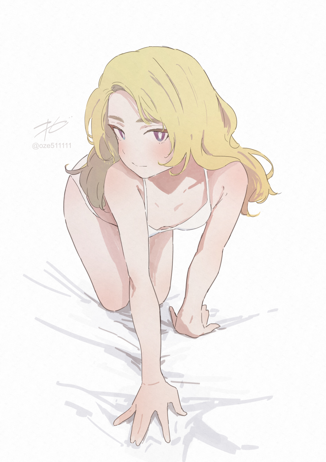 1girl all_fours bed blonde_hair borrowed_character bra breasts forehead harsha_(eisu) highres long_hair on_bed original oze_(xyz_go_go11) panties purple_eyes simple_background small_breasts thick_eyebrows underwear white_background white_panties
