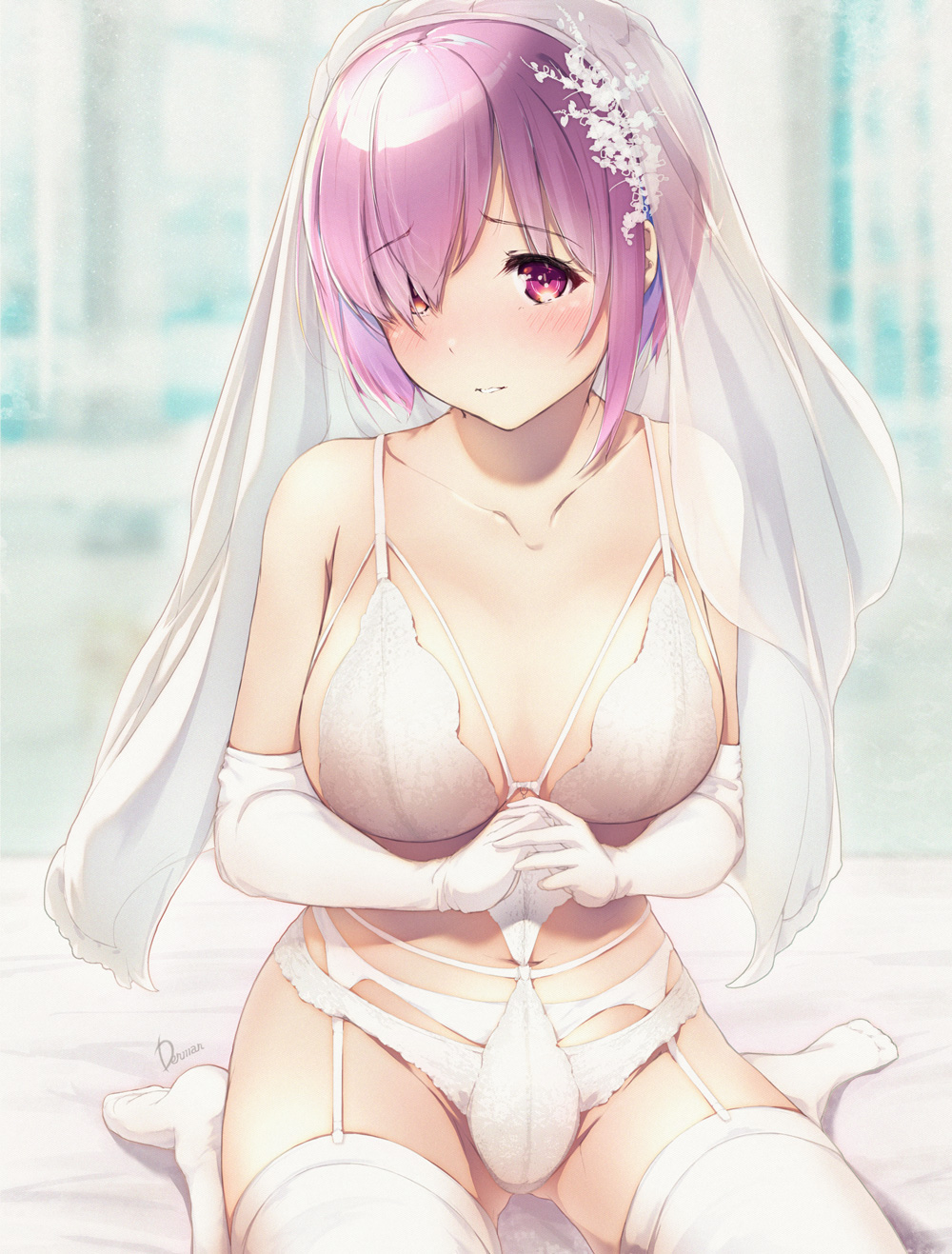 1girl ass_visible_through_thighs blurry blurry_background blush bra breasts bridal_gauntlets bridal_lingerie bridal_veil collarbone commentary_request dermar dress eyebrows_visible_through_hair fate/grand_order fate_(series) garter_straps hair_over_eyes highres large_breasts lingerie looking_at_viewer mash_kyrielight navel own_hands_together panties parted_lips purple_eyes purple_hair sidelocks signature sitting solo thighhighs underwear veil wariza wedding_dress white_bra white_legwear white_panties