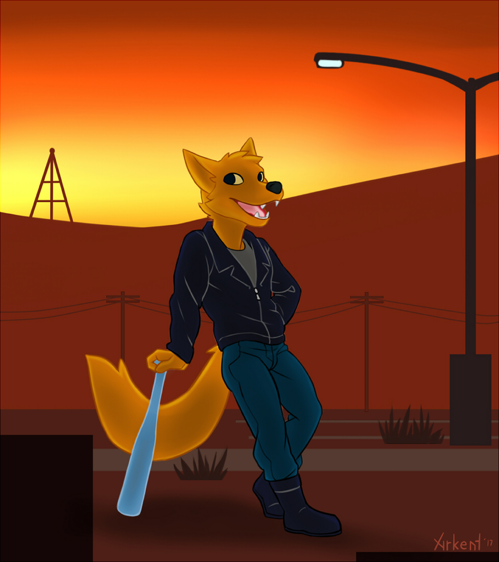 anthro baseball_bat bat_(object) bottomwear canid canine clothing fox fur gregg_lee jacket leather leather_clothing leather_jacket leather_topwear male mammal nameless00 night_in_the_woods orange_body orange_fur outside pants power_lines solo street_lamp sunset topwear video_games