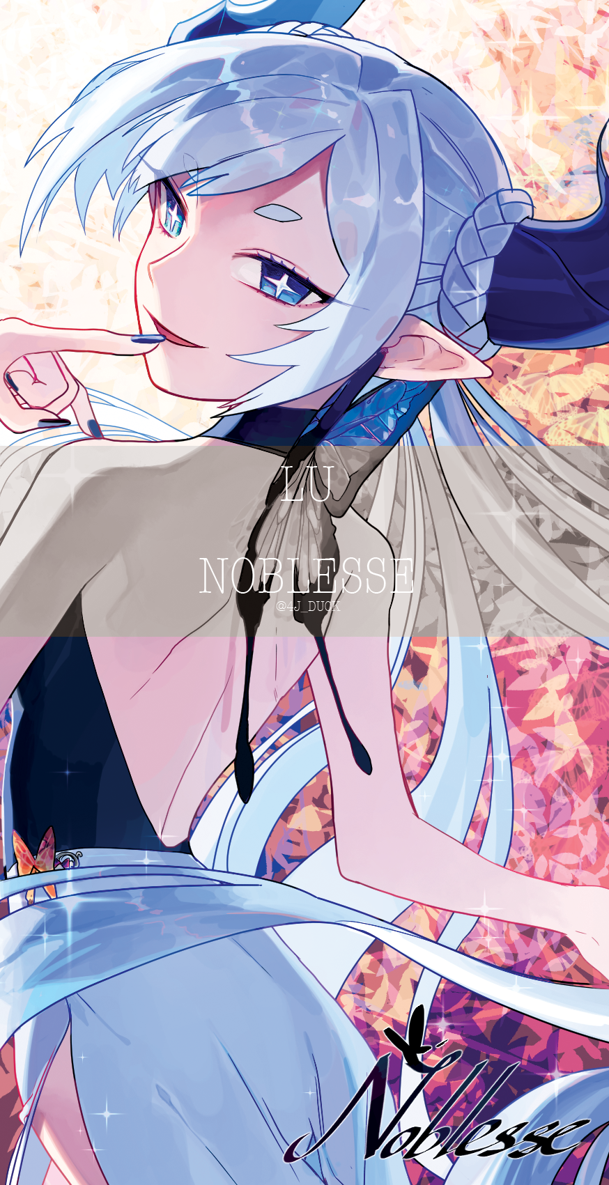 1girl backless_dress backless_outfit blue_eyes demon demon_girl demon_horns dress elsword finger_to_mouth highres horns looking_at_viewer luciela_r._sourcream nail_polish noblesse_(elsword) pale_skin pointy_ears tsuji_(ksi03164) white_hair