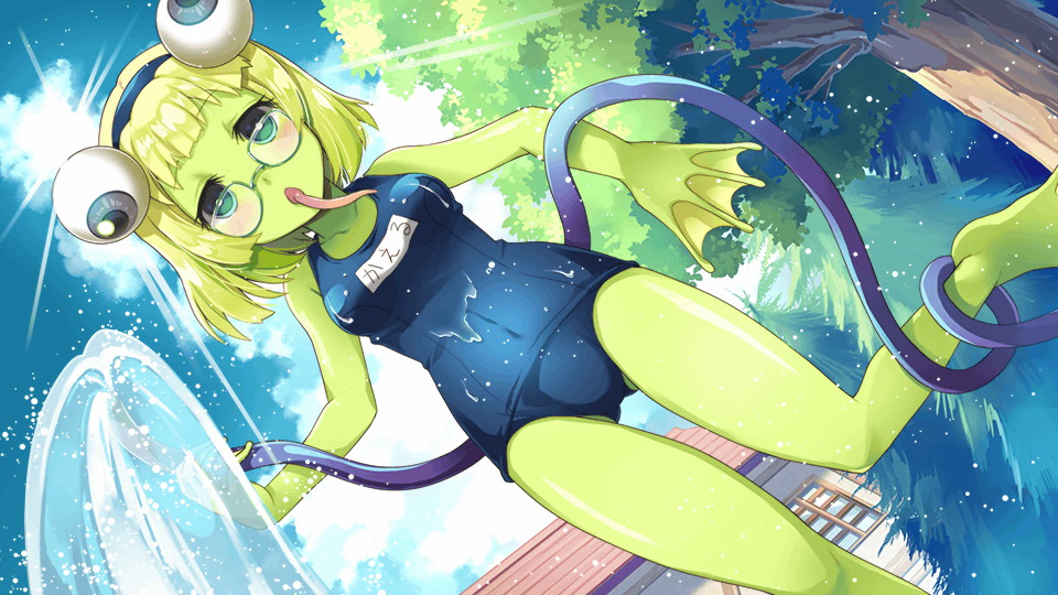 1girl anura_(monster_musume) artist_request bangs blonde_hair blue_hairband blush cloud colored_skin competition_school_swimsuit extra_eyes frog_girl full_body game_cg glasses green_eyes green_skin hairband holding holding_hose hose long_tongue looking_at_viewer monster_girl monster_musume_no_iru_nichijou monster_musume_no_iru_nichijou_online official_art open_mouth outdoors solo swimsuit tongue tree water webbed_hands wet