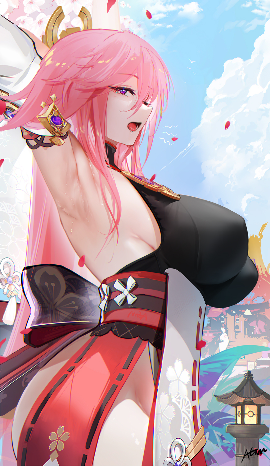 1girl animal_ears armpits arms_behind_head arms_up bangs bare_shoulders breasts detached_sleeves fox_ears genshin_impact hair_ornament highres japanese_clothes jewelry kimono large_breasts long_hair looking_at_viewer necklace obi omone_hokoma_agm open_mouth pendant pink_hair purple_eyes red_skirt sash sideboob sidelocks skirt sleeveless sleeveless_kimono solo thighs very_long_hair white_kimono wide_sleeves yae_(genshin_impact)