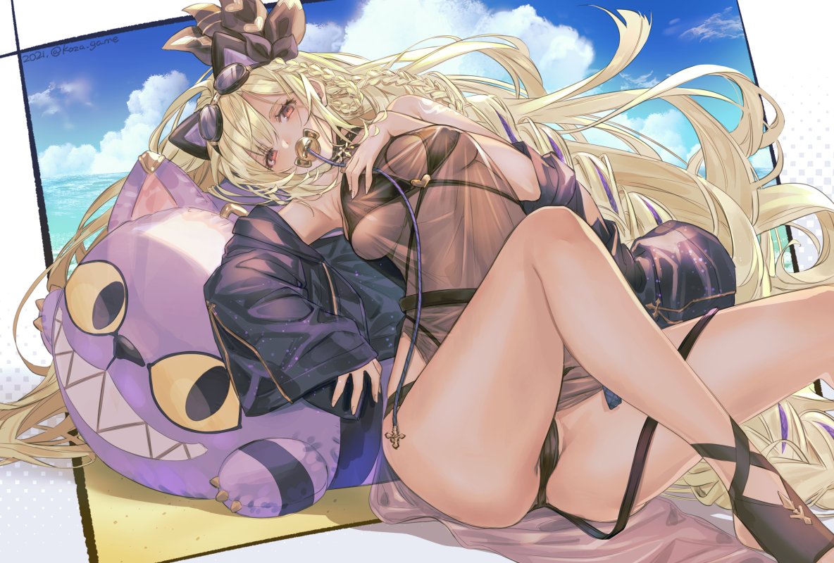 1girl bare_shoulders beach bikini bikini_under_clothes blonde_hair braid breasts cloud dark_skin eyewear_on_head granblue_fantasy hair_between_eyes hair_ribbon helel_ben_shalem horizon jacket koza_game long_hair ocean open_clothes open_jacket pacifier red_eyes ribbon see-through sheer_clothes stuffed_animal stuffed_cat stuffed_toy sunglasses swimsuit tattoo twitter_username