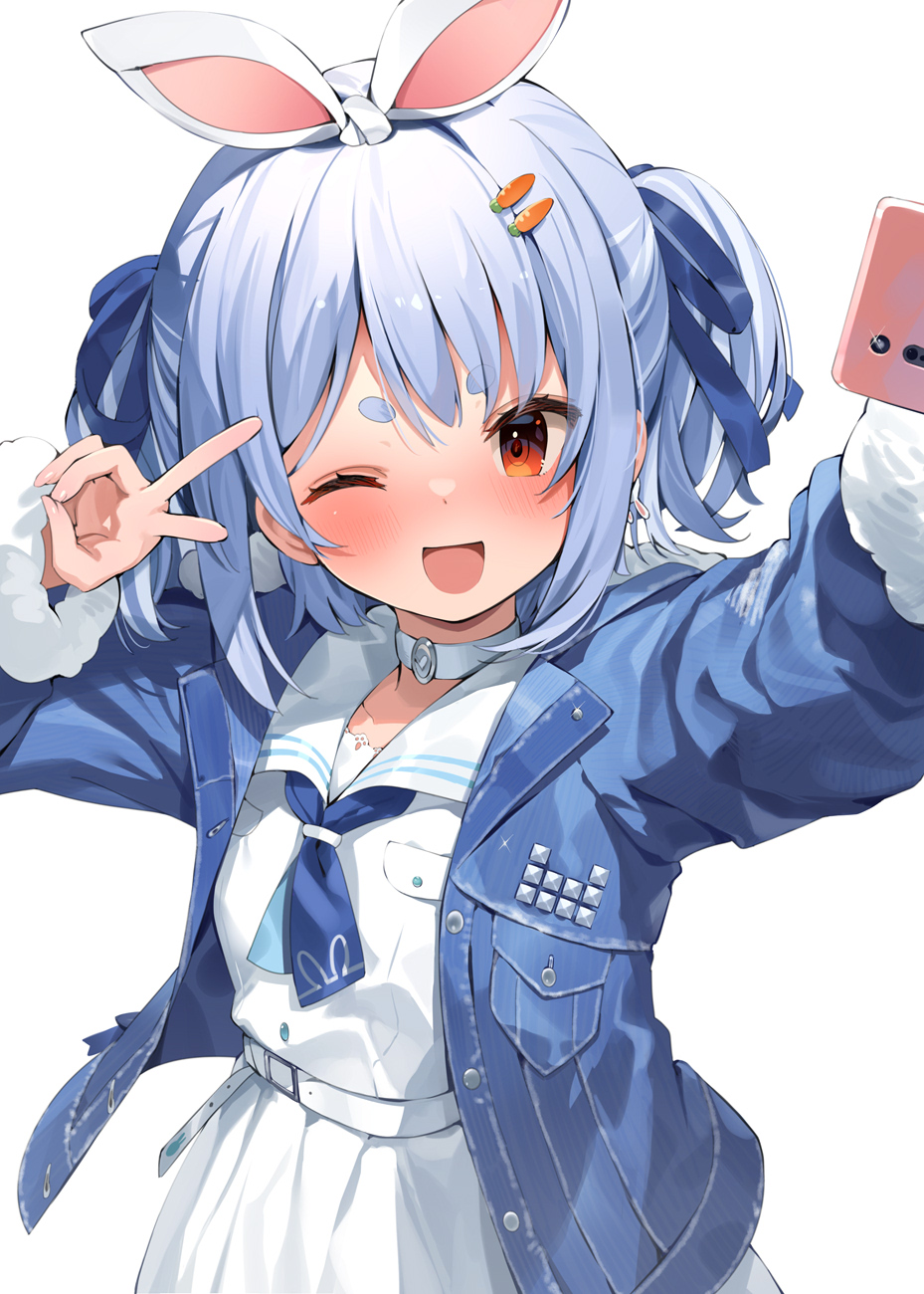 1girl ;d bangs belt blue_hair blue_jacket blue_neckerchief blue_ribbon blush carrot_hair_ornament cellphone commentary_request dress eyebrows_visible_through_hair food-themed_hair_ornament hair_ornament hair_ribbon hana_mori hands_up highres hololive jacket looking_at_phone neckerchief official_alternate_costume one_eye_closed open_clothes open_jacket phone red_eyes ribbon sailor_collar selfie short_eyebrows short_hair simple_background smartphone smile solo thick_eyebrows two_side_up upper_body usada_pekora v virtual_youtuber white_background white_belt white_dress white_sailor_collar