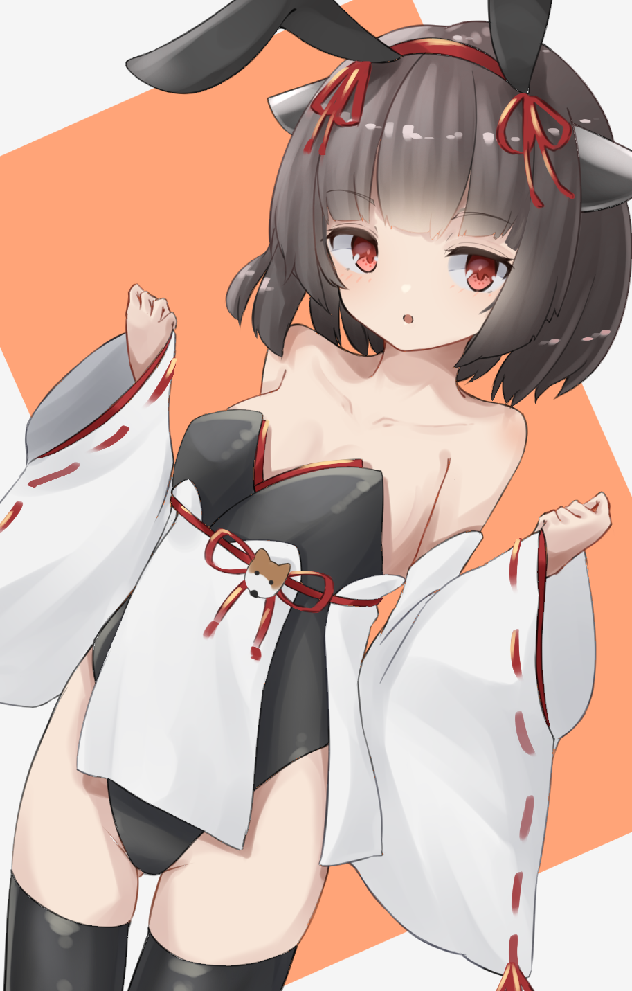1girl :o animal_ears bangs bare_shoulders black_hair black_legwear black_leotard breasts collarbone commentary_request eyebrows_visible_through_hair grey_background groin hairband headgear highres leotard long_sleeves looking_at_viewer orange_background parted_lips rabbit_ears red_eyes red_hairband ribbon-trimmed_sleeves ribbon_trim sleeves_past_wrists small_breasts solo strapless strapless_leotard thighhighs touhoku_kiritan two-tone_background voiceroid white_sleeves wide_sleeves yusake_san