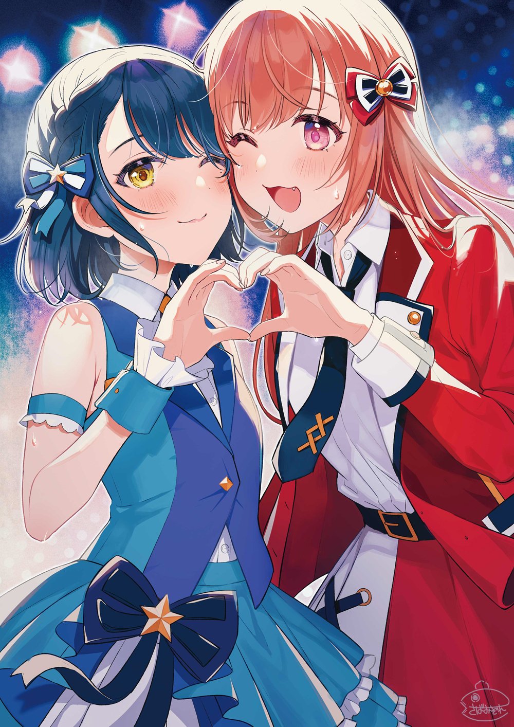 2girls ;) ;3 belt blue_hair blue_neckwear bow brown_hair fang hair_bow hair_braid highres idol long_hair long_sleeves multiple_girls necktie one_eye_closed pink_eyes seiyuu_radio_no_uraomote short_hair short_sleeves signature smile tsukana_(saba_mizore) yellow_eyes