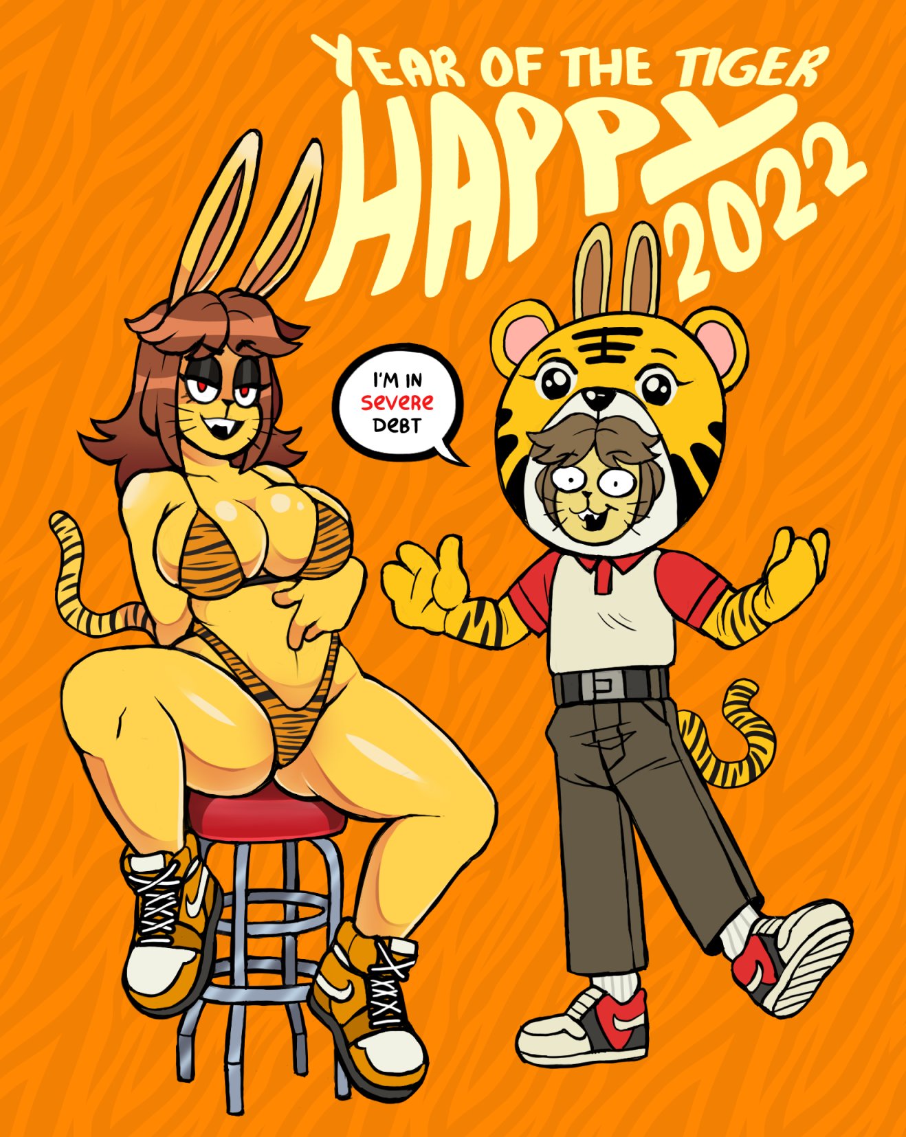 anthro better_version_at_source big_breasts bikini breast_squish breasts chinese_zodiac cleavage clothed clothing costume duo female footwear hi_res lagomorph leporid looking_at_viewer male male/female mammal ponehanon rabbit shoes smile smiling_at_viewer sneakers spread_legs spreading squish swimwear tiger_stripes year_of_the_tiger