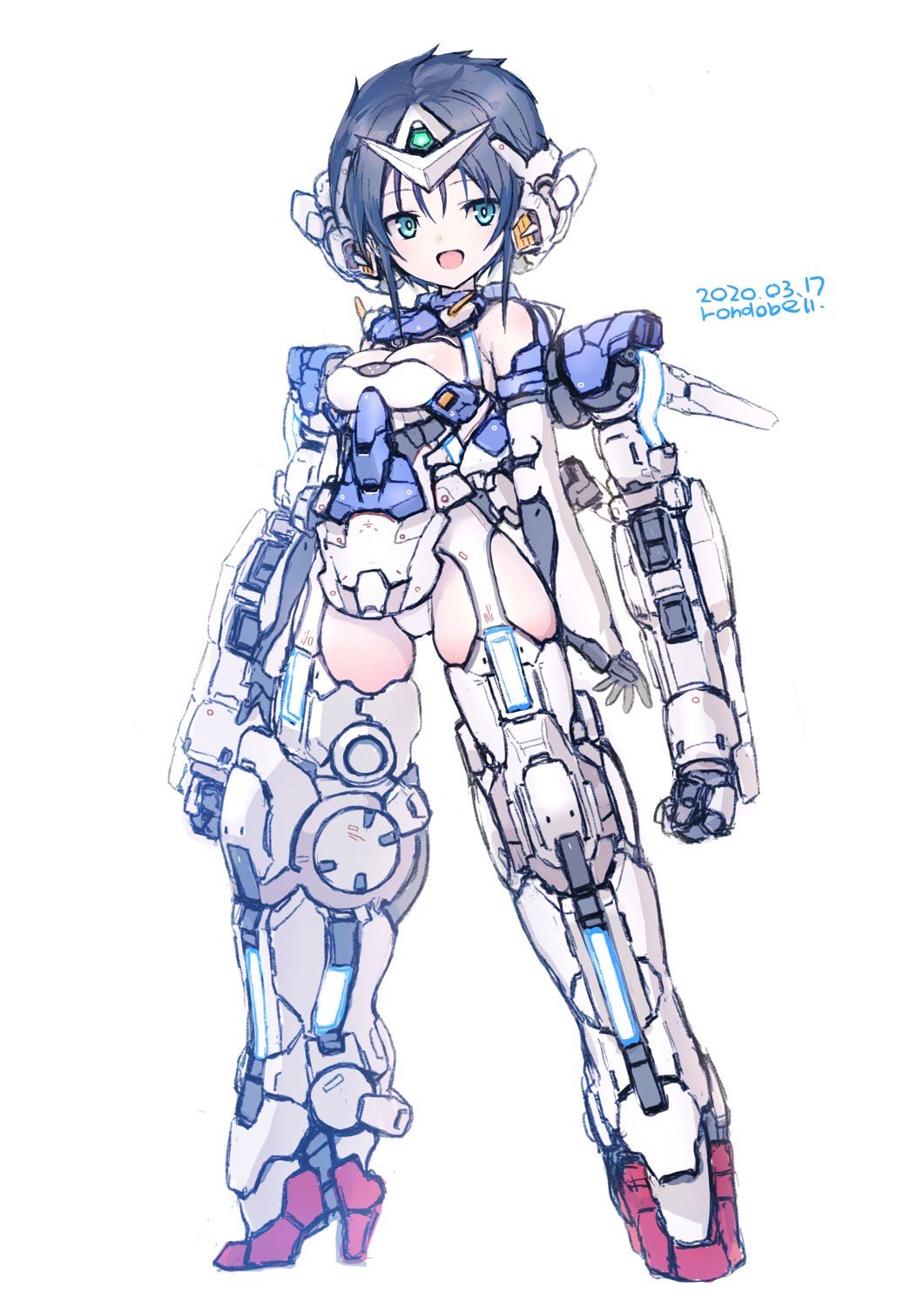 1girl black_hair boots breasts clenched_hands extra_arms green_eyes gundam gundam_00 gundam_exia highres mecha_musume mechanical_arms medium_breasts metal_boots open_hands open_mouth personification rondo_bell short_hair smile solo standing thigh_boots thighhighs v-fin