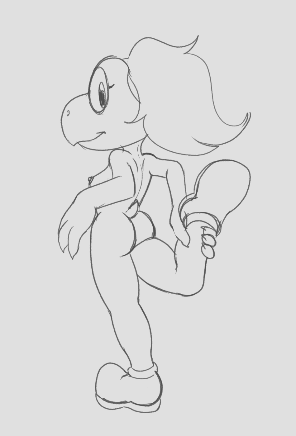 anthro breasts butt clothing female footwear fours_(artist) hand_on_leg hi_res koopa koopie_koo looking_at_viewer mario_bros mostly_nude nintendo reptile scalie shoes side_boob solo stretching turtle video_games