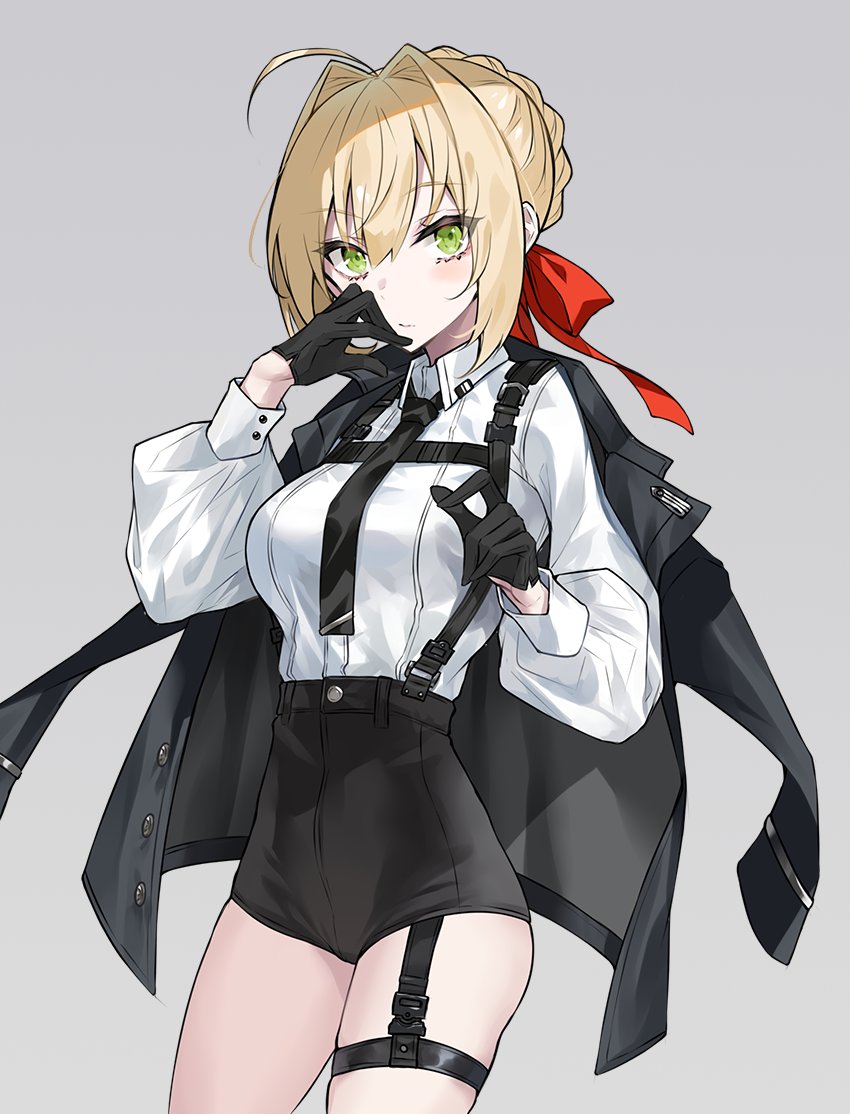 1girl ahoge bangs black_gloves black_jacket black_necktie black_shorts blonde_hair blush braid breasts collared_shirt dress_shirt ero_waifu fate/extra fate_(series) french_braid gloves green_eyes hair_bun hair_intakes hair_ribbon high-waist_shorts jacket jacket_on_shoulders large_breasts long_hair long_sleeves looking_at_viewer necktie nero_claudius_(fate) nero_claudius_(fate/extra) open_clothes open_jacket red_ribbon ribbon shirt shorts solo suspender_shorts suspenders thighs white_shirt