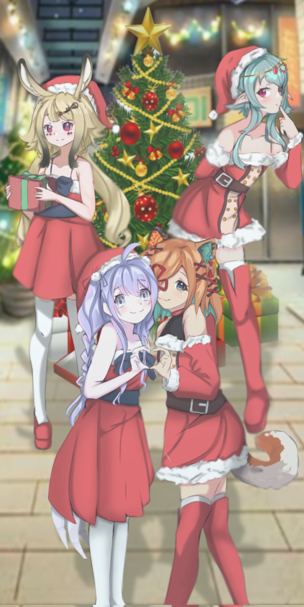 1other 3girls amiya_aranha animal_ears anon_non bangs braid christmas_tree commission dog_ears dog_girl dog_tail dress english_commentary fur_trim gift green_eyes hair_behind_ear hair_over_one_eye heart heart_hands heart_hands_duo highres holding holding_gift leaning_forward looking_at_viewer low_twintails miyoshino_shiki multiple_girls off-shoulder_dress off_shoulder one_eye_covered orange_hair prism_project purple_eyes purple_hair red_dress saika_(natsukiriki) santa_dress second-party_source short_hair_with_long_locks smile star_(symbol) tail tsunderia tsurugi_nen twin_braids twintails virtual_youtuber