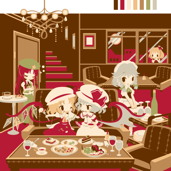 5girls :d :o bat_wings bell blonde_hair blue_hair bottle braid cake chandelier chibi cookie couch crossed_arms cup dress drinking_glass flandre_scarlet flat_color food food_on_face fruit grapes hat hat_ribbon hong_meiling izayoi_sakuya maid maid_headdress multiple_girls neck_ribbon one_eye_closed open_mouth puffy_short_sleeves puffy_sleeves red_hair remilia_scarlet ribbon rumia saucer serving_cart shinonoko short_sleeves siblings silver_hair sisters sitting sleeping smile stairs star_(symbol) table teacup touhou twin_braids wine_glass wings