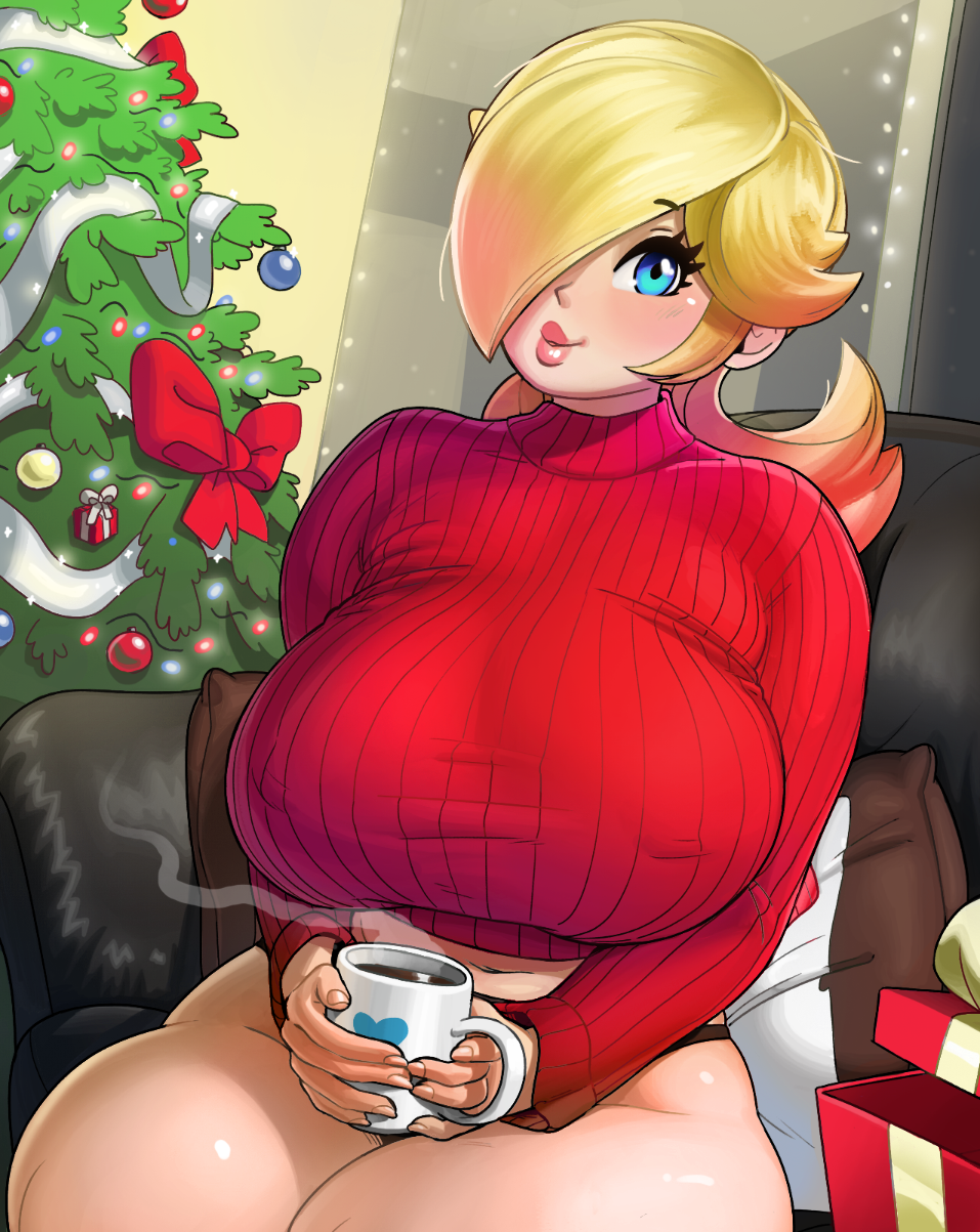 1girl alternate_costume blonde_hair blue_eyes blush box breasts christmas christmas_tree coffee coffee_mug couch cropped_sweater cup eyelashes gift gift_box hair_over_one_eye hard-degenerate highres holding holding_cup large_breasts lips long_hair mario_(series) mug navel no_headwear no_pants on_couch panties red_sweater ribbed_sweater rosalina sitting smile solo sweater taut_clothes underwear