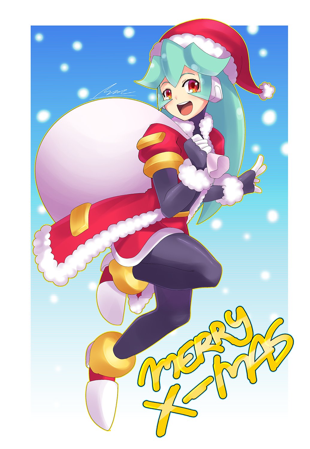 1girl android blush border christmas coat full_body fur_trim gloves gradient gradient_background green_hair highres holding holding_sack leg_up long_hair looking_back merry_christmas open_mouth pandora_(rockman) puffy_short_sleeves puffy_sleeves red_coat robot_ears rockman rockman_zx sack santa_costume short_sleeves shoutaro_saito signature smile snowflakes solo text_focus white_border