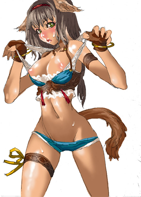 1girl animal_ears armband blush breasts brown_hair cat_ears cat_tail cum facial female ff11r18 final_fantasy final_fantasy_xi fingerless_gloves gloves green_eyes hairband midriff mithra nipples shiny short_hair simple_background solo strap_pull tail white_background