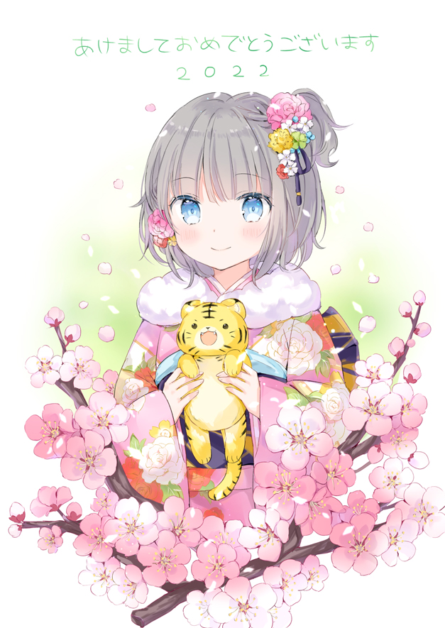1girl 2022 animal blue_eyes blush branch closed_mouth commentary_request cropped_torso floral_print flower fur_collar grey_hair hair_flower hair_ornament holding holding_animal japanese_clothes kimono long_sleeves looking_at_viewer obi one_side_up original petals pink_flower pink_kimono pink_rose print_kimono rose sash sleeves_past_wrists smile solo tiger translation_request upper_body wataame27 white_flower wide_sleeves yellow_flower
