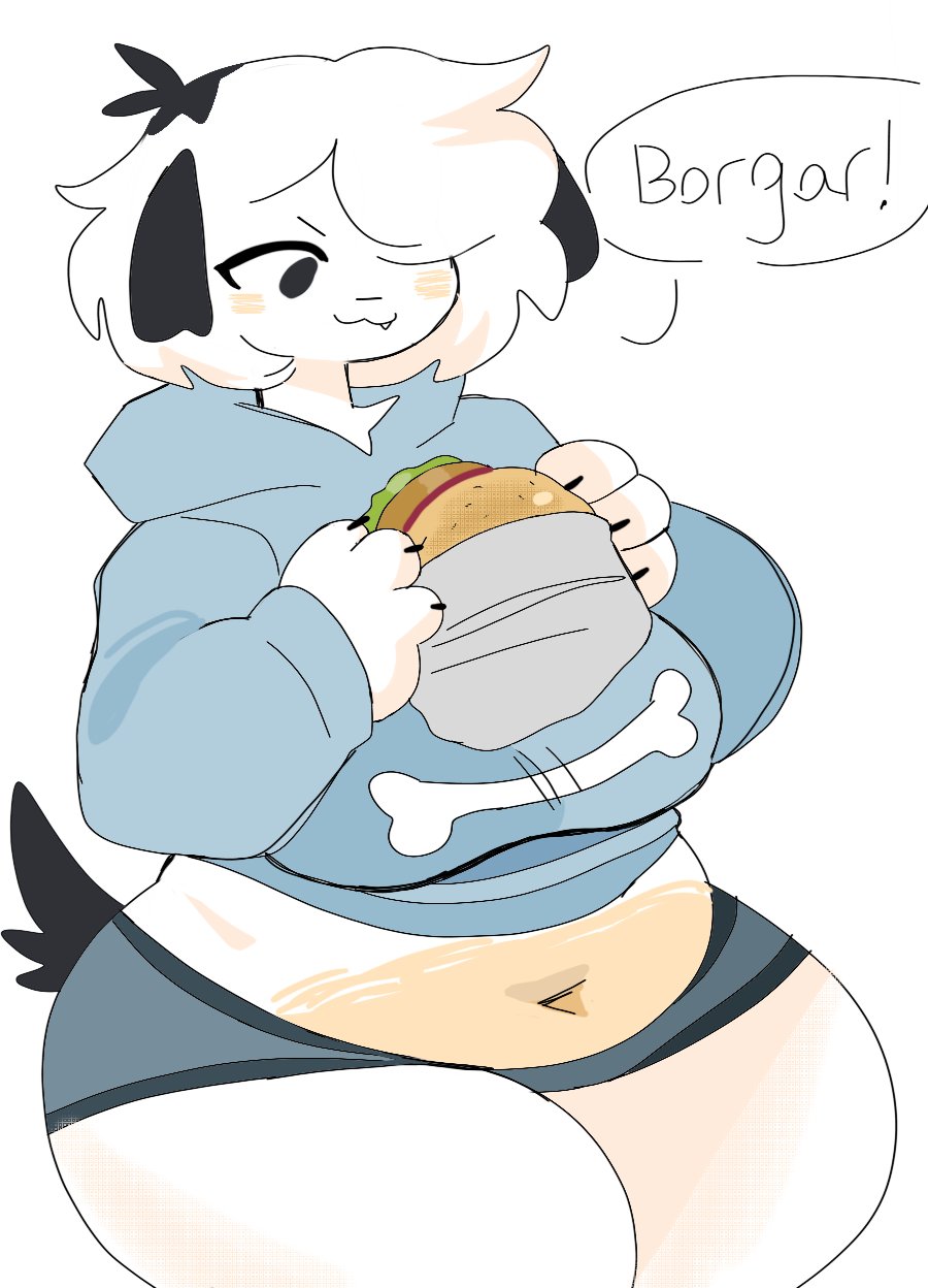 2021 :3 anthro belly big_belly big_breasts biped black_claws black_ears blue_bottomwear blue_clothing blue_hoodie blue_topwear bone bottomwear breasts burger canid canine canis chubby_anthro chubby_female claws clothed clothing curvy_figure cute_fangs digital_media_(artwork) domestic_dog english_text female floppy_ears food fur hair hair_over_eye hi_res holding_burger holding_food holding_object hoodie huge_breasts kemono looking_at_food looking_at_object mammal misspelling narrowed_eyes navel one_eye_obstructed pink_belly portrait puppychan puppychan48 shaded short_hair simple_background simple_shading solo speech_bubble standing text thick_thighs three-quarter_portrait tomboy topwear tuft voluptuous white_background white_body white_fur white_hair