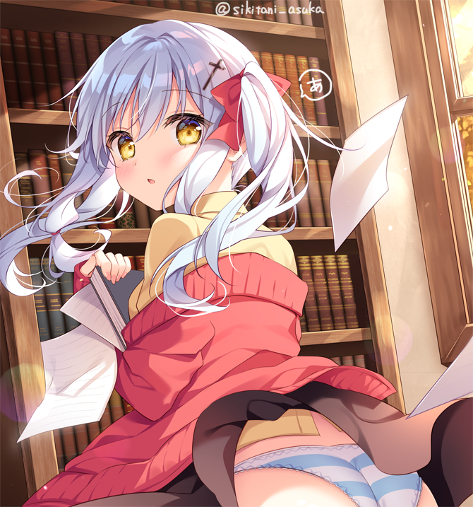 1girl ass blush bookshelf cross_hair_ornament dutch_angle from_behind hair_ornament indoors long_hair looking_back off_shoulder original panties parted_lips shikitani_asuka silver_hair solo twintails underwear upskirt wind wind_lift yellow_eyes