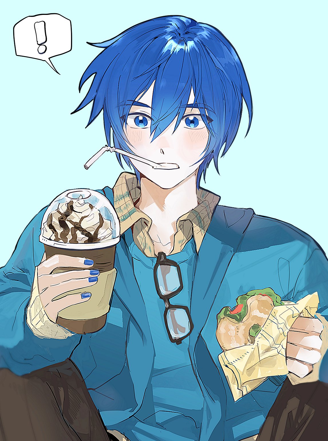 ! 1boy black-framed_eyewear black_pants blue_background blue_eyes blue_hair blue_jacket blue_nails blue_shirt blush buckto collared_shirt cup disposable_coffee_cup disposable_cup dot_nose drinking_straw drinking_straw_in_mouth fingernails food food_wrapper glasses hair_between_eyes highres holding holding_cup holding_food jacket kaito_(vocaloid) layered_sleeves long_sleeves male_focus nail_polish open_clothes open_collar open_jacket pants plaid_clothes shirt sitting solo speech_bubble spoken_exclamation_mark teeth unworn_eyewear vocaloid whipped_cream