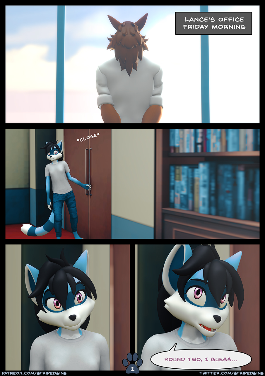 anthro black_hair blue_body blue_fur bookshelf brown_body brown_fur canid canine canis comic comic_panel dialogue door dransvitry female fur furniture hair hi_res male mammal office procyonid raccoon ryder_(striped_sins) speech_bubble striped_sins willitfit window wolf