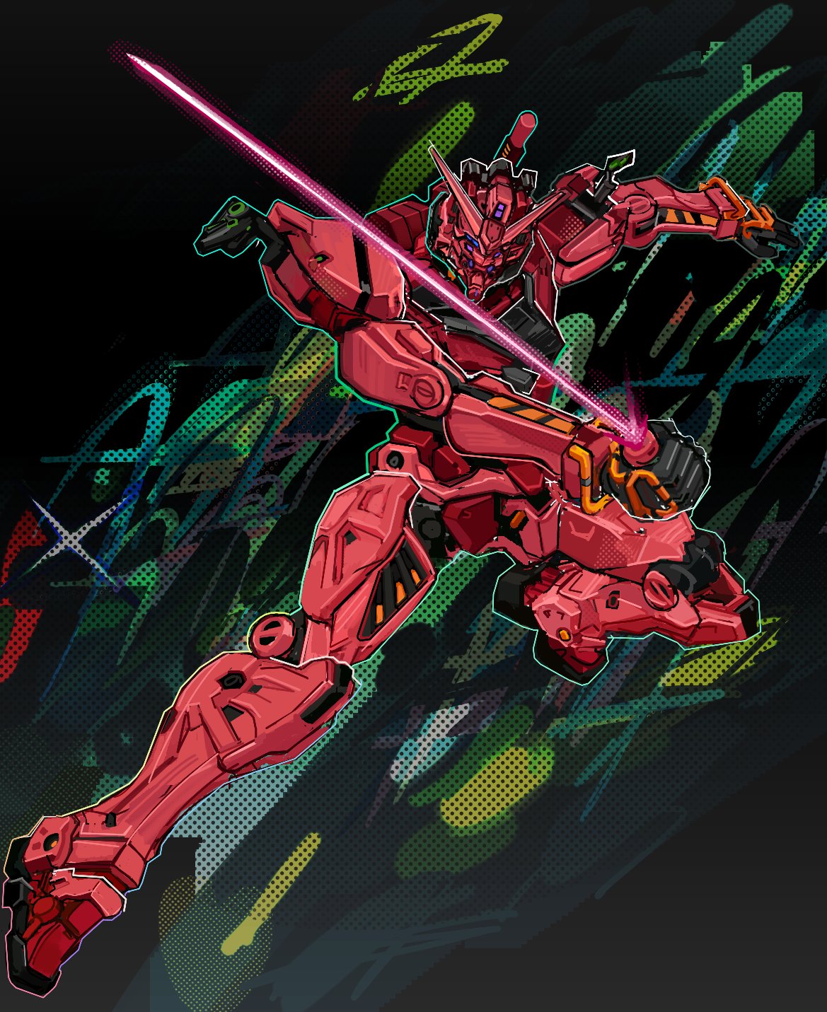 commentary diiishiii dynamic_pose energy_sword full_body gundam gundam_gquuuuuux highres holding holding_sword holding_weapon mecha mecha_focus mobile_suit no_humans outstretched_arm purple_eyes red_gundam robot science_fiction solo sword v-fin weapon