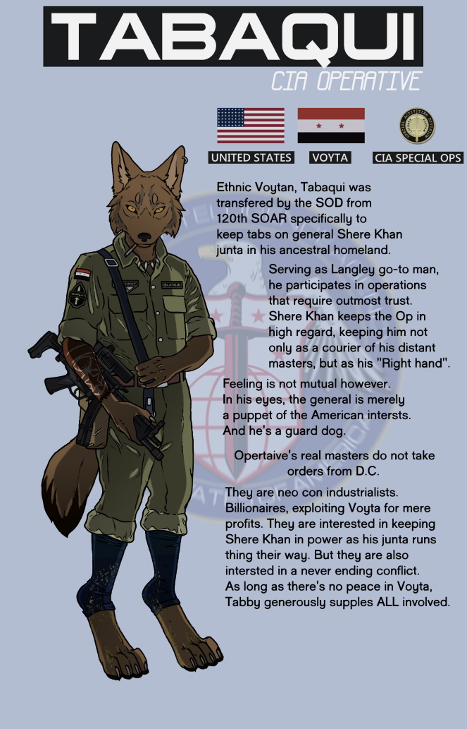 agent aleone anthro barefoot belt bottomwear canid canine canis cia claws clothing digitigrade english_text facial_markings fanfiction fatigues feet flag golden_jackal gun head_markings jackal jacket khakis looking_at_viewer male mammal markings military mp5 pants patch_(marking) ranged_weapon roundel smoking soldier solo stars_and_stripes submachine_gun tabaqui tail text the_jungle_book topwear united_states_of_america warrior weapon